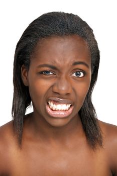 A close-up of a lovely young black woman with bare shoulders, looking up with a repulsive facial expression.