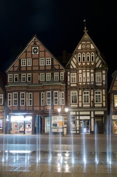 Water features in front of half-timbered houses of the old town of Celle, Germany