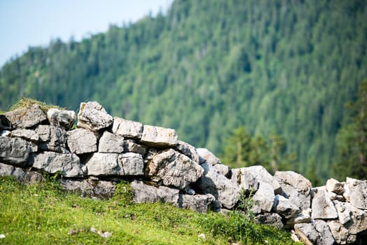 Stone wall in the farmland of the Bavarian Alps neer Schliersee