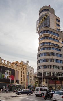 MADRID, SPAIN- SEPTEMBER 02 View of Capitol building and the classics Callao cinemas in Gran Via street, in Madrid, Spain, on September 02, 2013