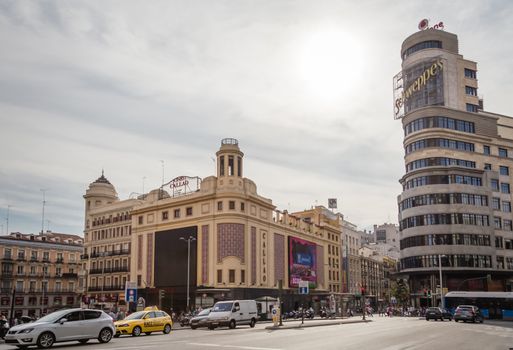 MADRID, SPAIN- SEPTEMBER 02 View of Capitol building and the classics Callao cinemas in Gran Via street, in Madrid, Spain, on September 02, 2013
