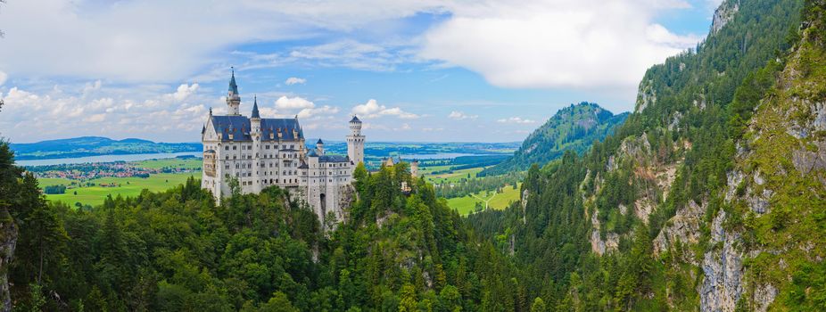 Beautiful summer view of the Neuschwanstein castle (Bavaria, Germany). Panorama