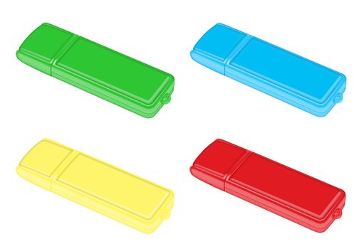 red, yellow , blue and green flash drive on a white background