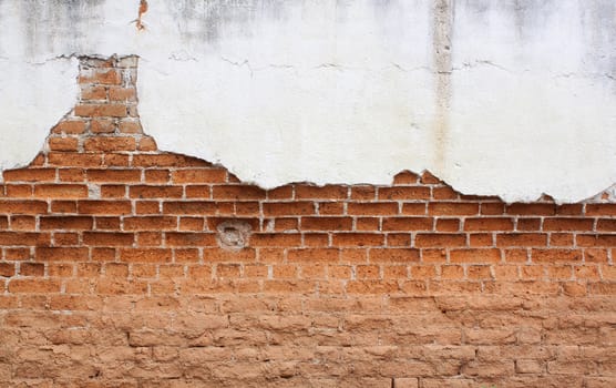 Red brick wall Old cracked concrete vintage brick wall background.