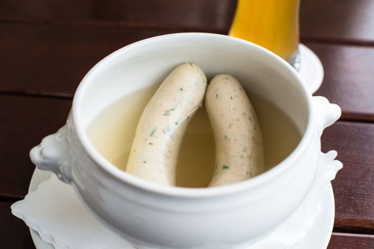 Weisswurst - typical Bavarian white sausages with Hefeweizen (wheat beer)