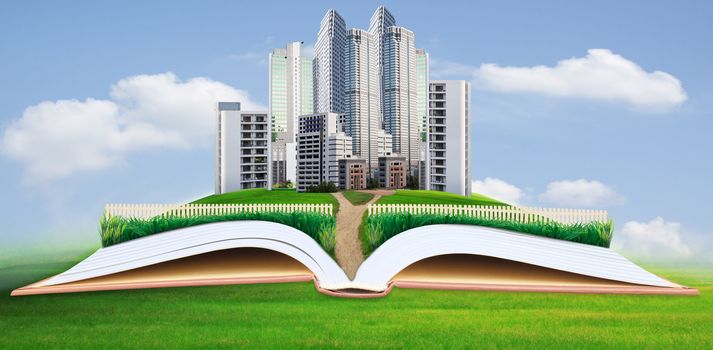 abstract idea of modern building in green grass field