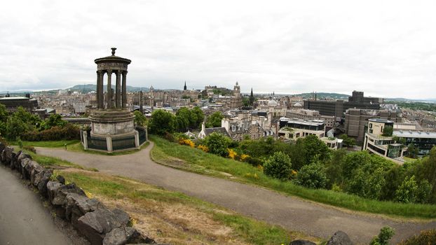View over Edinburgh, with the Dugald Stewart Monument in the foreground