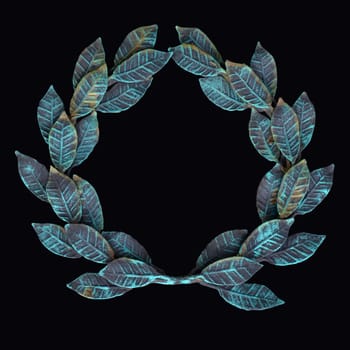 The isolate metal wreath of forged leaves with patina and rust on a black background