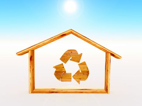 woodn house with the recycling symbol inside