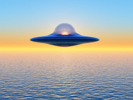 a flying saucer on sunset background