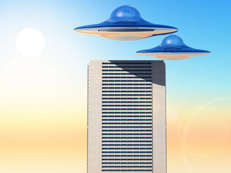 science fiction illustration,ufo over a city tower