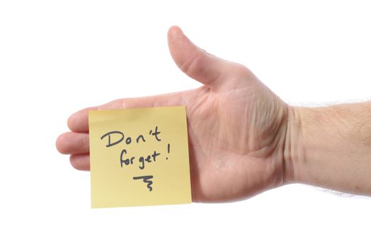 post it note with don't forget as a reminder note on hand isolated on white