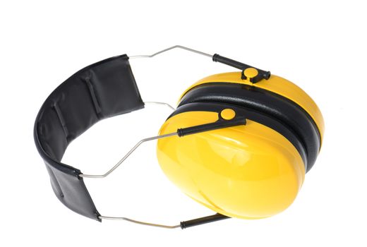 Yellow working protective headphones, it is isolated on white 