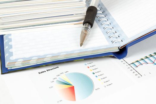 charts, pen, business cards, notes, workplace businessman, business collage