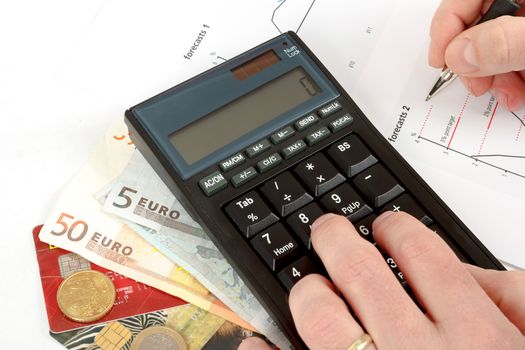 calculator, charts, pen in hand, business cards, money, workplace businessman, business collage