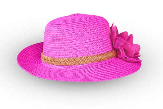 Pretty straw hat with flower on white background