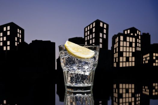 Metropolis Gin Tonic cocktail cocktail in city skyline setting
