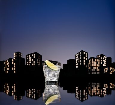 Metropolis tom collins or Gin Tonic cocktail cocktail in city skyline setting