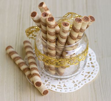 Wafer roll sticks cream rolls in a cup