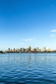 skyline of Miami Florida with  the water of Biscayne Bay. Panoramic skyline of the World famous travel location