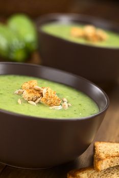 Zucchini cream soup with wholewheat croutons and roasted sunflower seeds served in brown bowl with toastbread on the side (Selective Focus, Focus on the front of the croutons) 