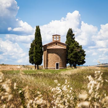 Cappella di Vitaleta (Vitaleta Church), Val d'Orcia, Italy.  The most classical image of Tuscan country.