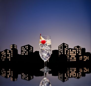Metropolis tom collins or Gin Tonic cocktail cocktail in city skyline setting