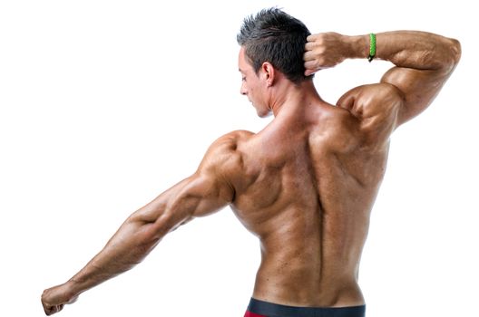 Attractive young man showing muscular back and arms, isolated on white background