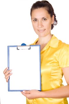 Attractive smiling business woman holding blank sign with room for text.