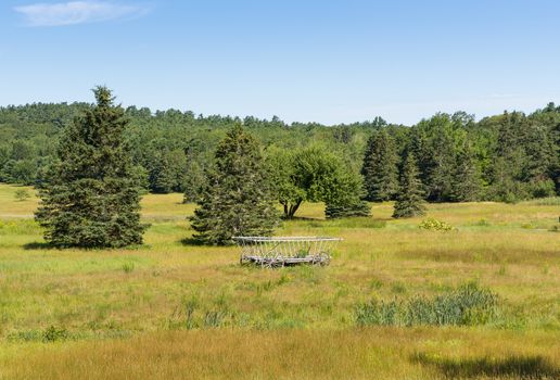 This image of a lush field and a hay wagon shows that Mount Desert Island in Maine is not all mountains.