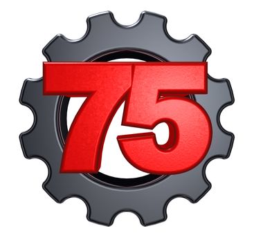 number seventy five and gear wheel on white background - 3d illustration
