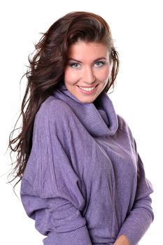 portrait of a beautiful happy woman in a knitted jacket