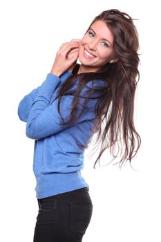 portrait of a beautiful happy woman in a knitted jacket