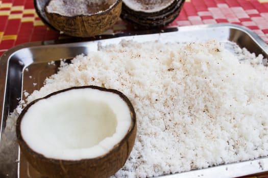 Sweetened flaked coconut ready to be used as a cooking or baking ingredient or as a garnish.