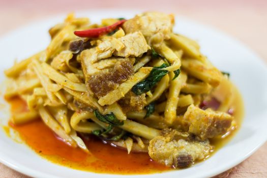 Thai food bamboo shoots curry with crispy pork