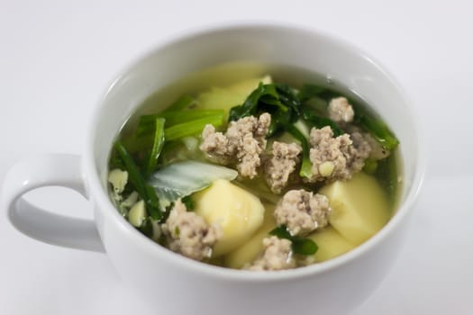 Vegetable soup with minced pork and egg  tofu