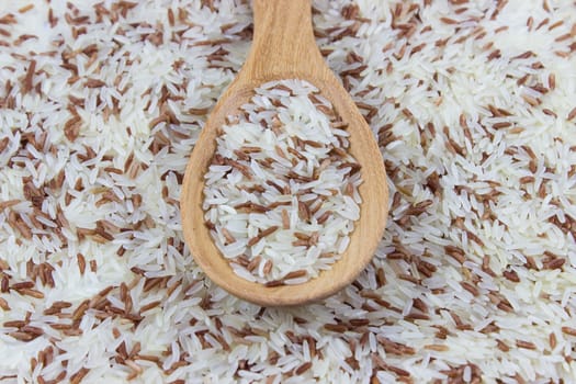 Red and white rice on spoon