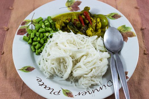 Thai Cuisine green curry with chicken and noodles ,gaeng kiaw waen gai
