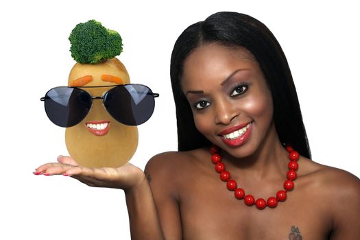 Studio close-up of an extraordinarily beautiful young woman with a bright, warm smile and an anthropomorphic butternut squash.