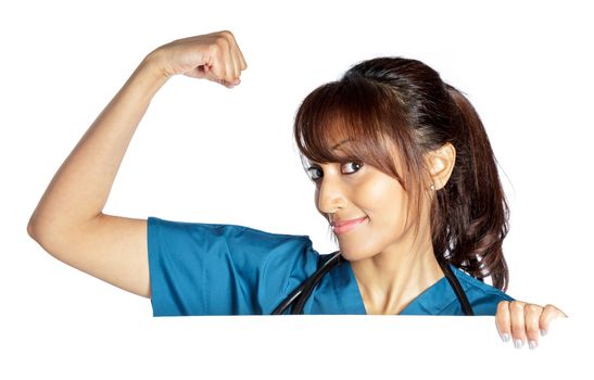 Attractive Indian doctor woman posing in a studio in front of a background