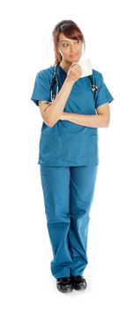 Attractive Indian doctor woman posing in a studio in front of a background