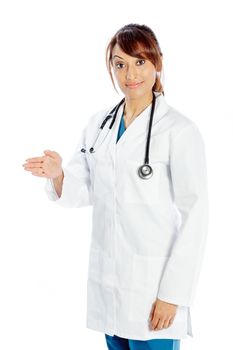 Attractive Indian doctor woman posing in a studio in front of a background