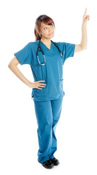 Attractive Indian doctor woman posing in a studio in front of a background