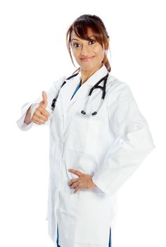 Attractive Indian doctor woman posing in a studio in front of a background