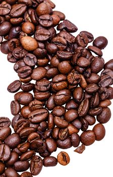 Coffee beans close-up shot isolated on white background