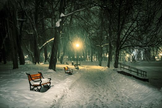 Red bench in the park with falling snow at night