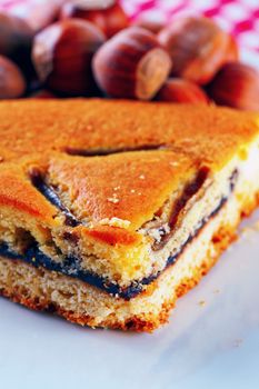 Hazelnuts cake slice over white plate, with hazelnuts on the back