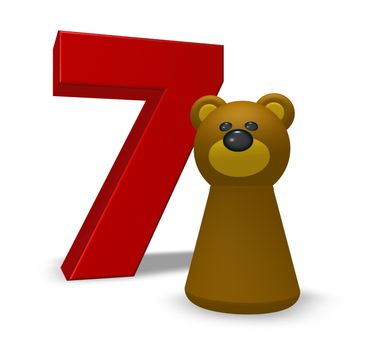 number seven and brown bear - 3d illustration