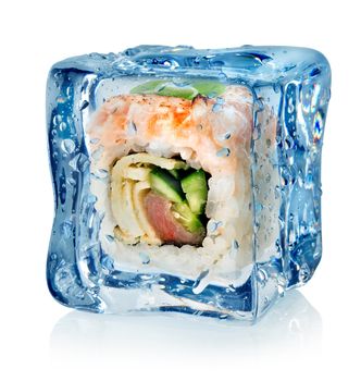 Sushi in ice cube isolated on a white background