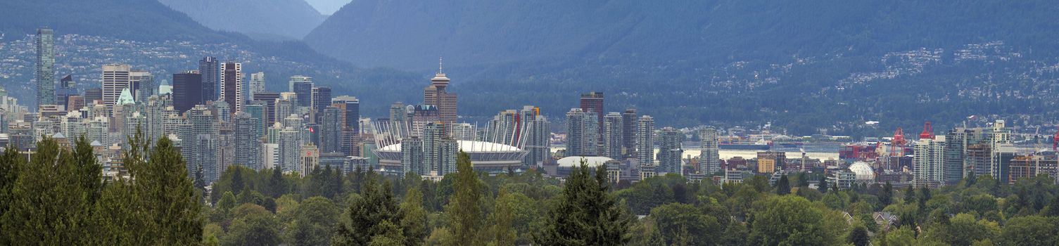 Vancouver BC Canada City Skyline Day and Grouse Mountain Panorama